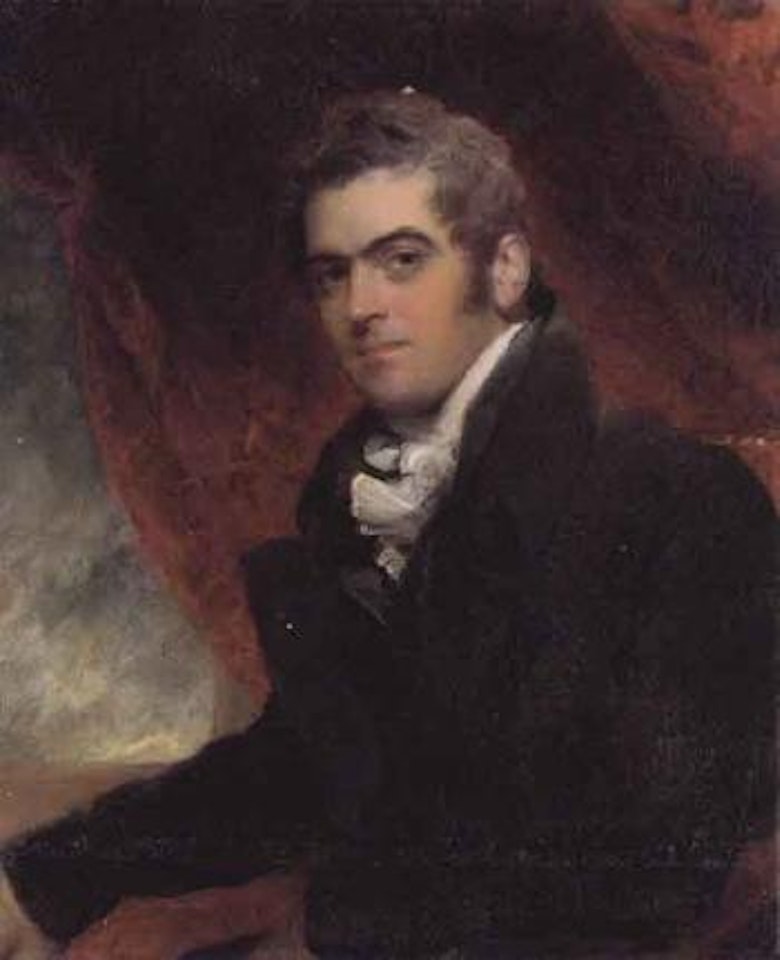 Portrait of William Dacres Adam seated, wearing a black coat, before a red curtain by Sir Thomas Lawrence