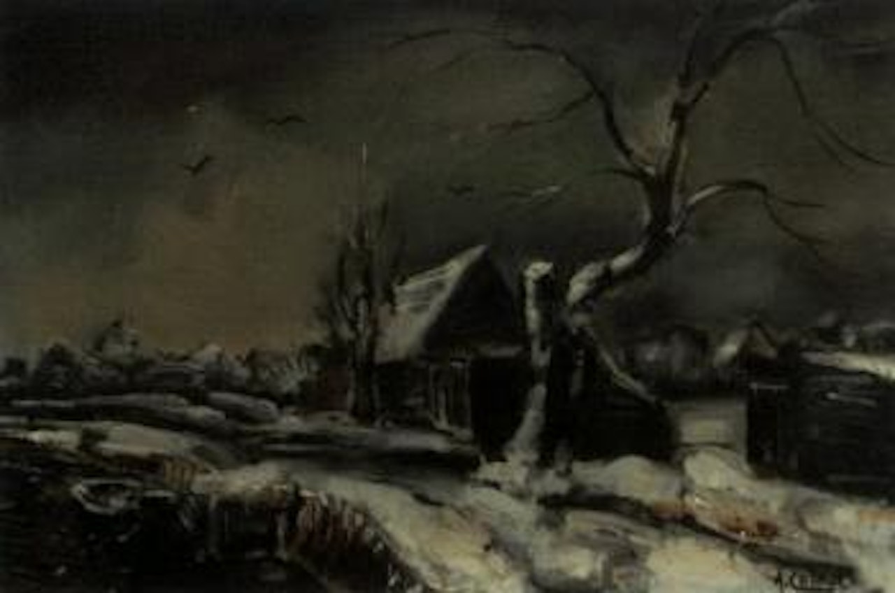 Winter landscape with house along a waterway by Arnout Colnot