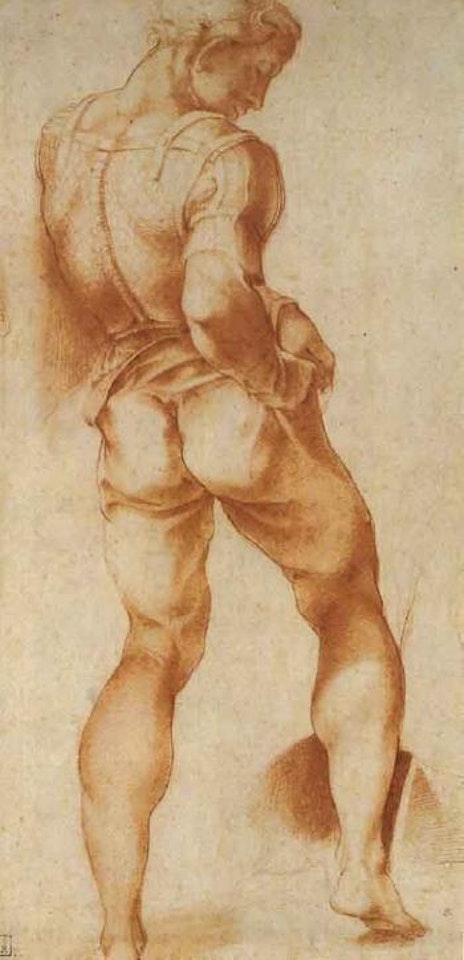 Young soldier adjusting his breastplate. Group of figures by Francesco Salviati
