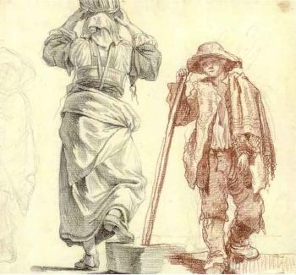 Peasant woman, seen from behind and a peasant boy by Claude Joseph Vernet