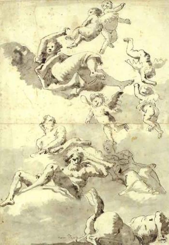 Rivergods, putti, other figures and a centaur in the sky by Giovanni Domenico Tiepolo