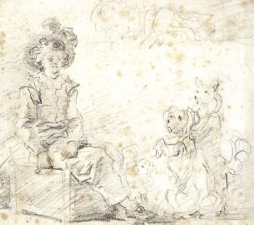 Three dogs standing before a boy seated on a box by Jean-Honoré Fragonard