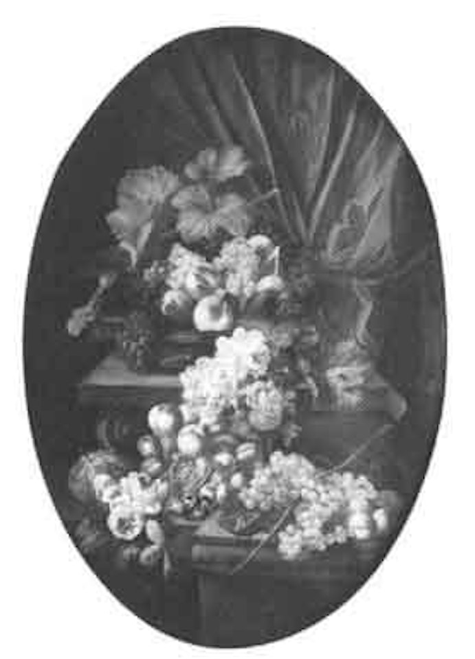 Corbeille de fruits et de fleurs posee sur un entablement de pierre by Italian School