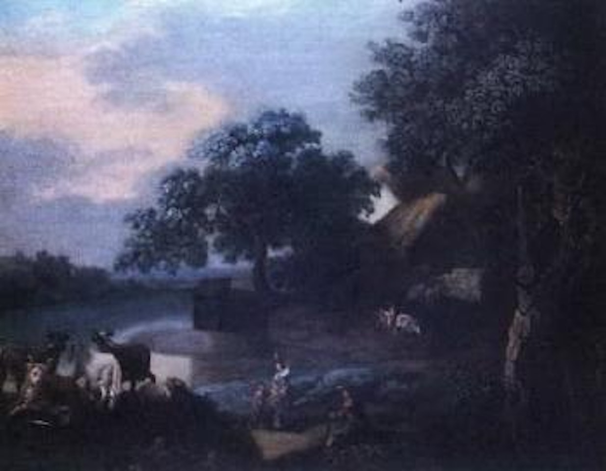 Country landscape with figures and animals in the foreground by English School