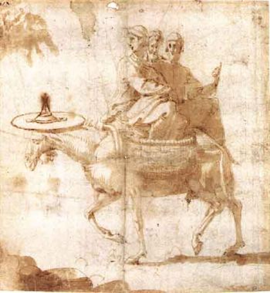 Three monks sitting astride donkey wearing cleric's hat by Francesco Salviati