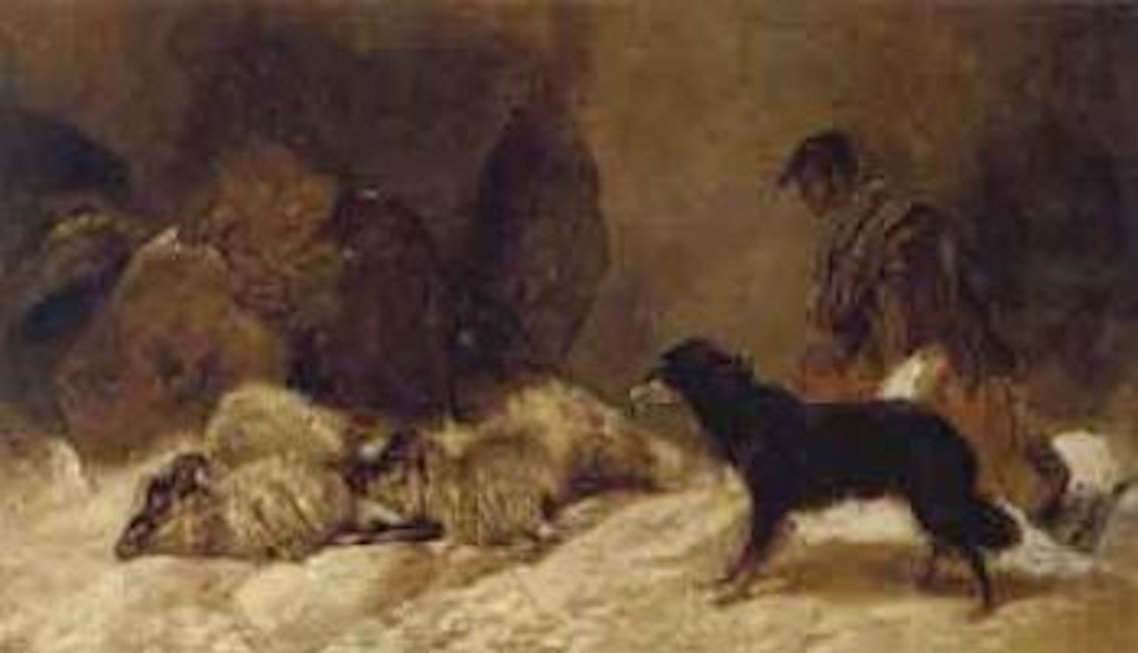 Lost, shepherd with dog and sheep in a snowy landscape by Richard Ansdell