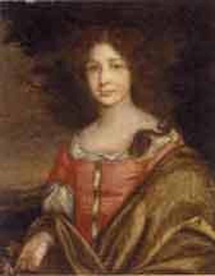 Portrait of lady Ann Howard in a red dress with brown wrap by Sir Peter Lely