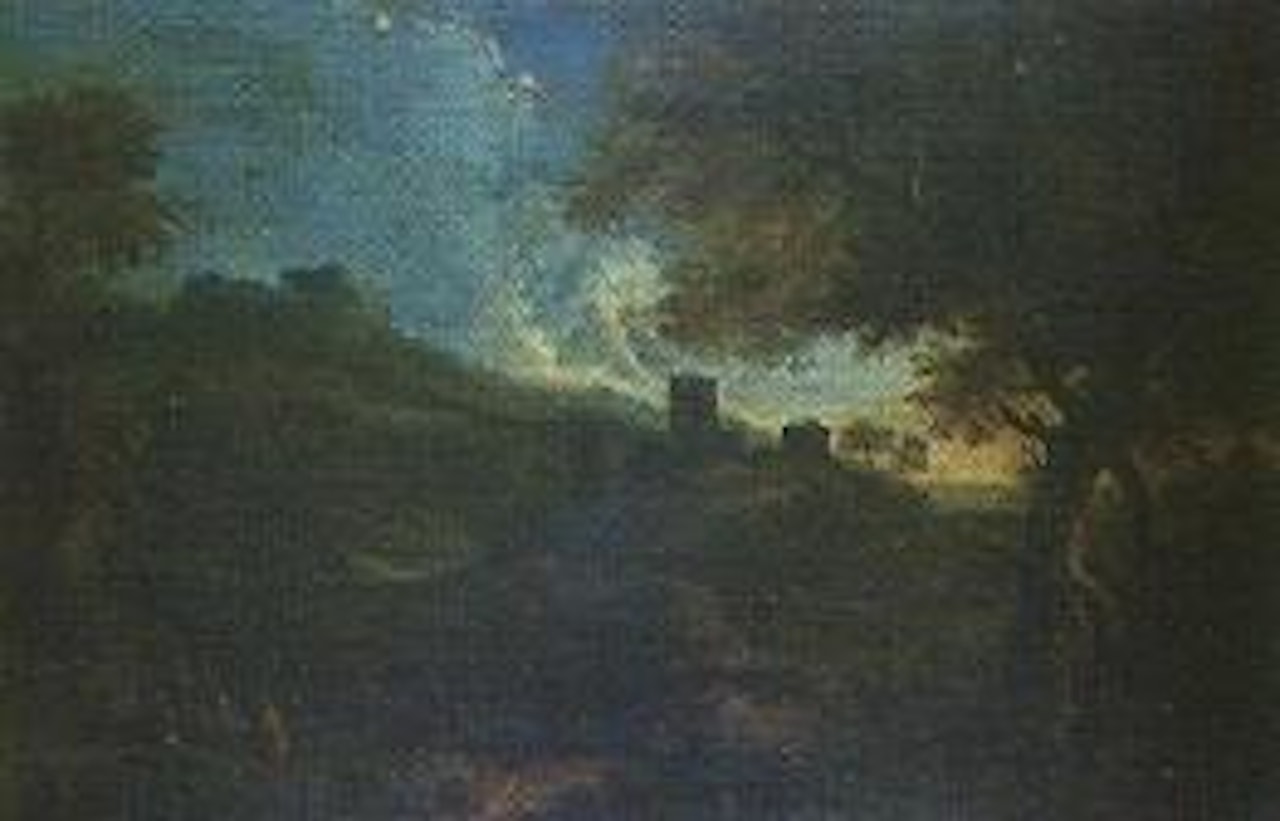 Extensive country landscape with figures by Continental School