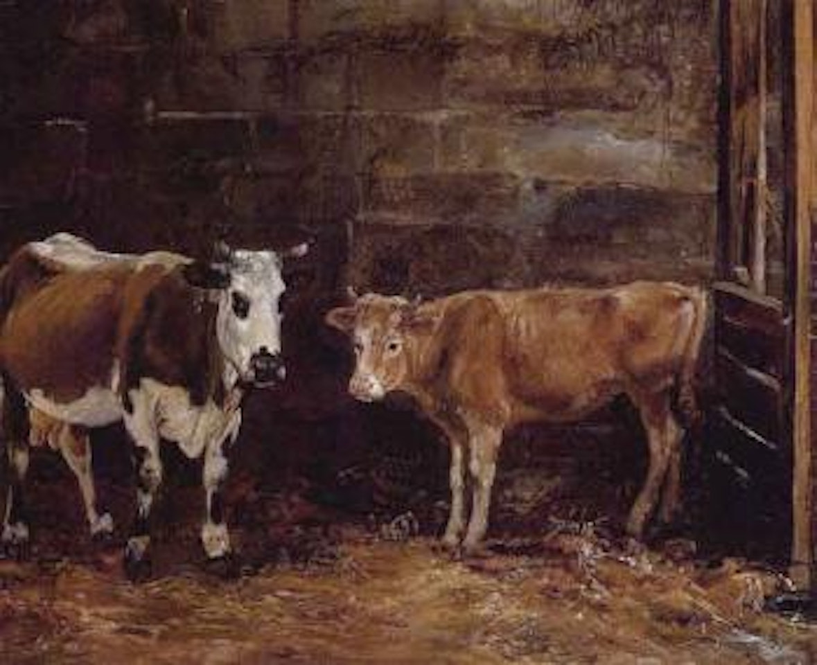 Cow and calf in stable by Johan Christian Clausen Dahl