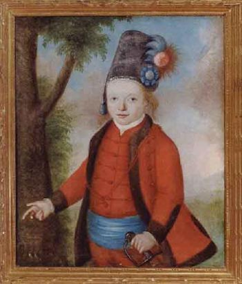 Young girl with flowers. Small boy wearing red suit by Russian School
