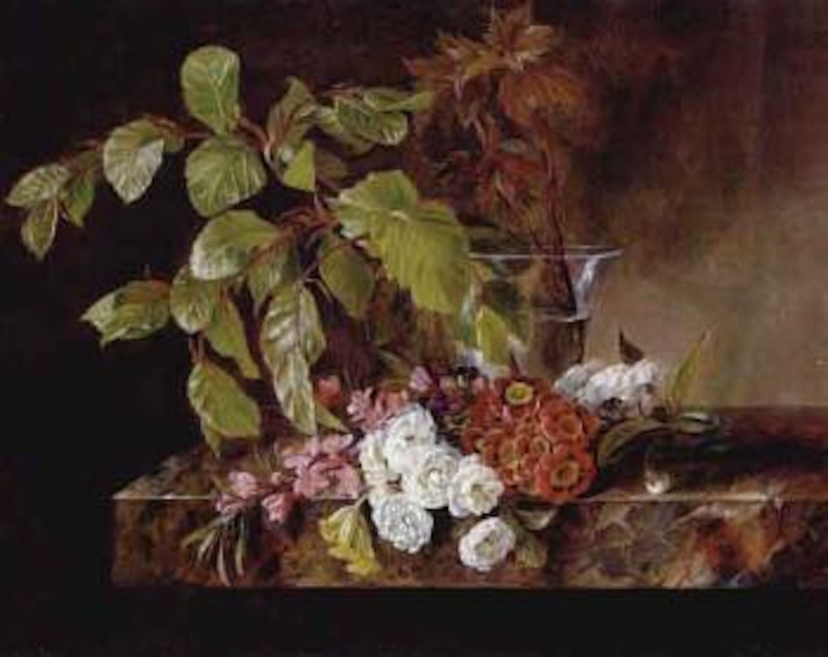 Beech leaves in vase, bouquet of flowers on ledge by Hanne Hellesen