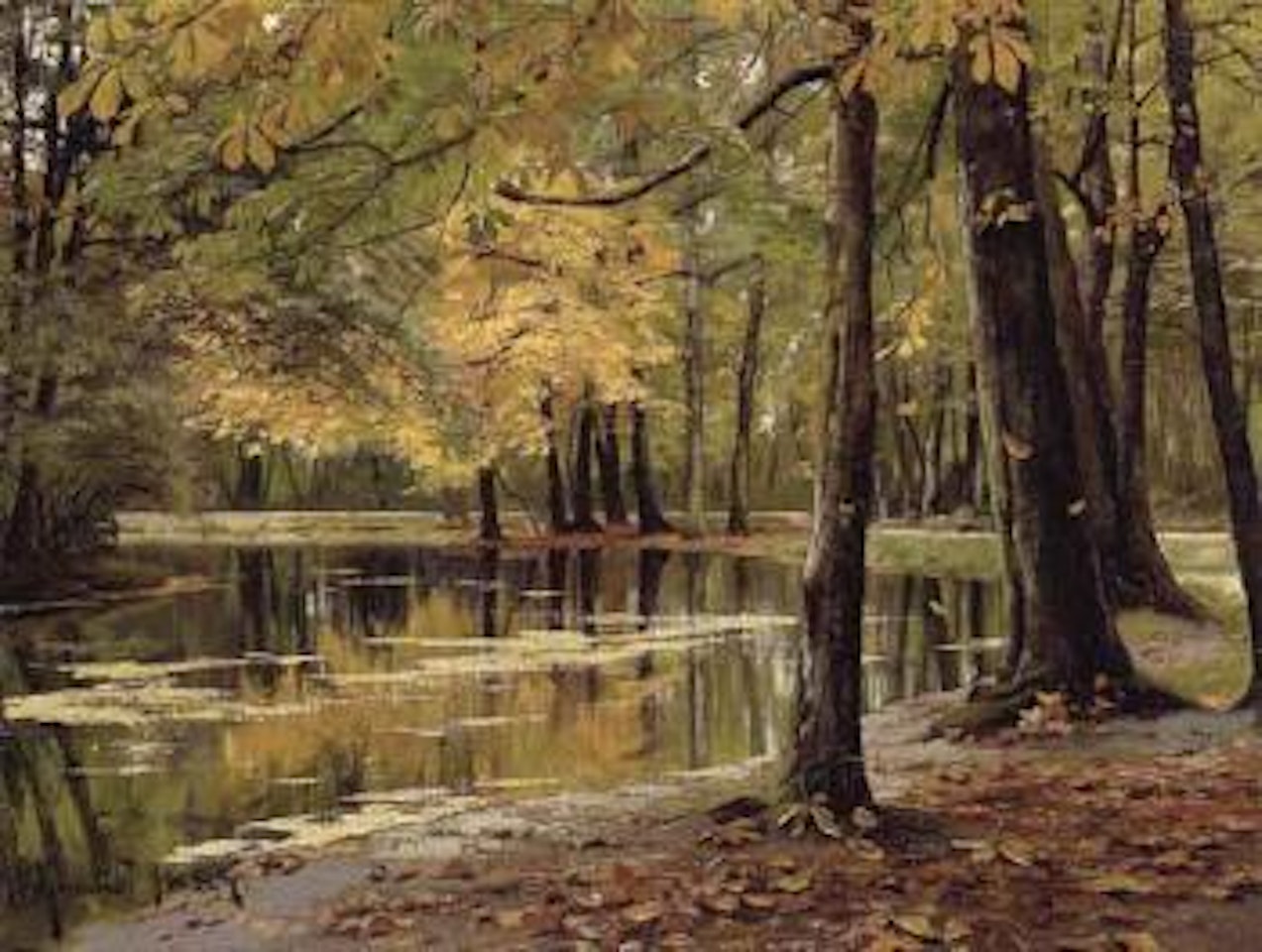 Autumn by the lake, horse chestnut trees in foreground by Peder Mork Monsted