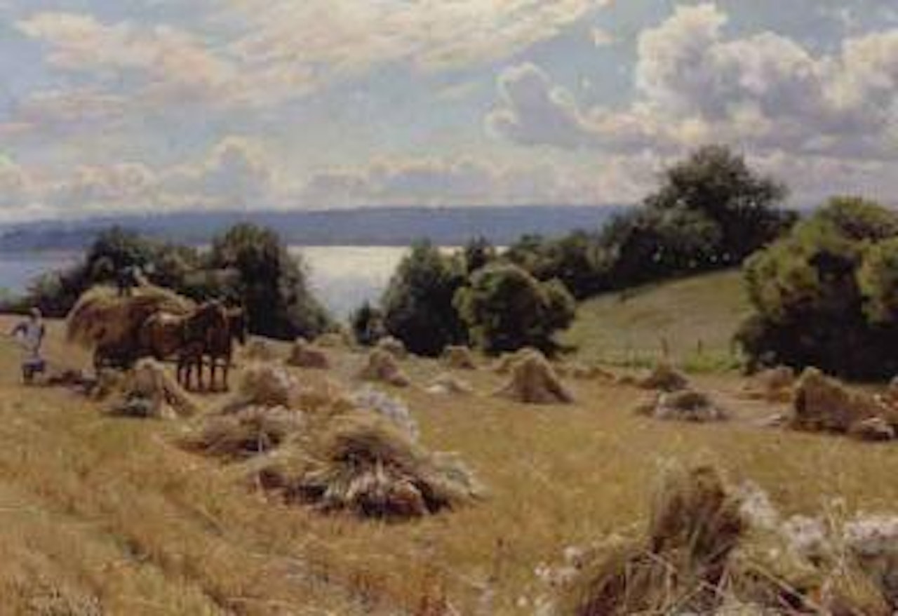 Landscape from Tulstrup near Knudso with harvesters collecting corn by Peder Mork Monsted