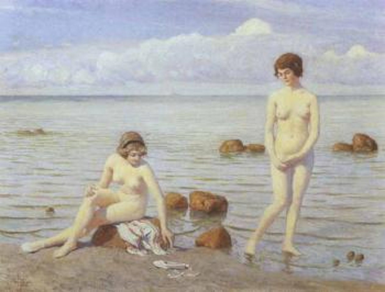Coastal landscape with two nude young women on beach by Paul Fischer