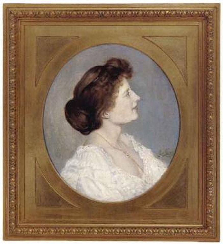 Portrait of lady wearing white dress with gold chain around her neck by Paul Fischer