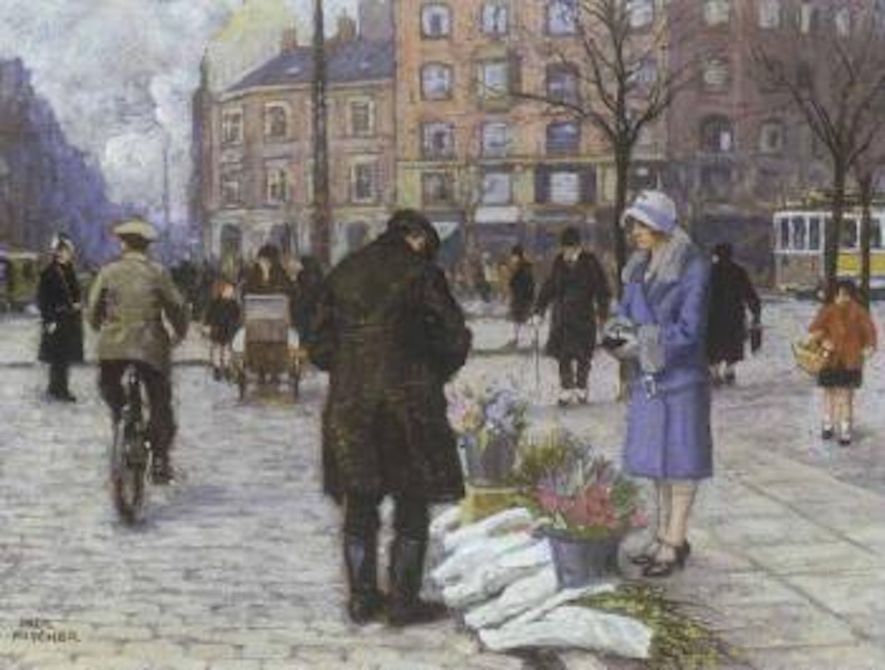 Copenhagen street scene with figures and flower sellers by Paul Fischer