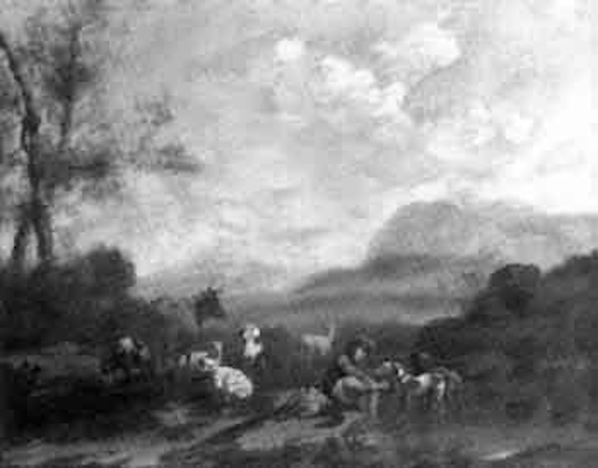 Huntsman resting beside cattle and sheep in Italianate landscape by Nicolaes Pietersz Berchem