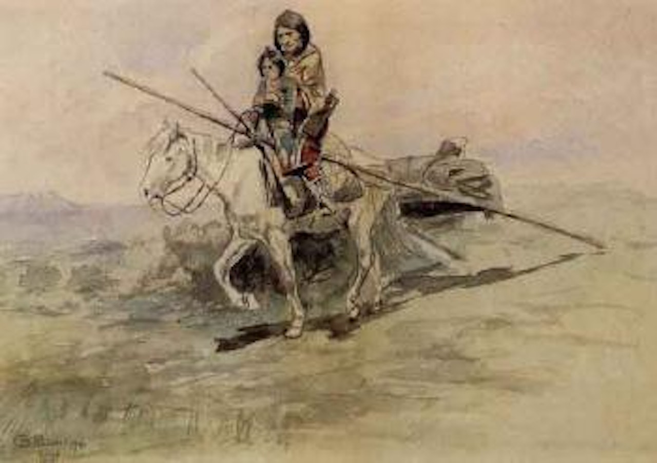 Indian on horseback with child by Charles M Russell