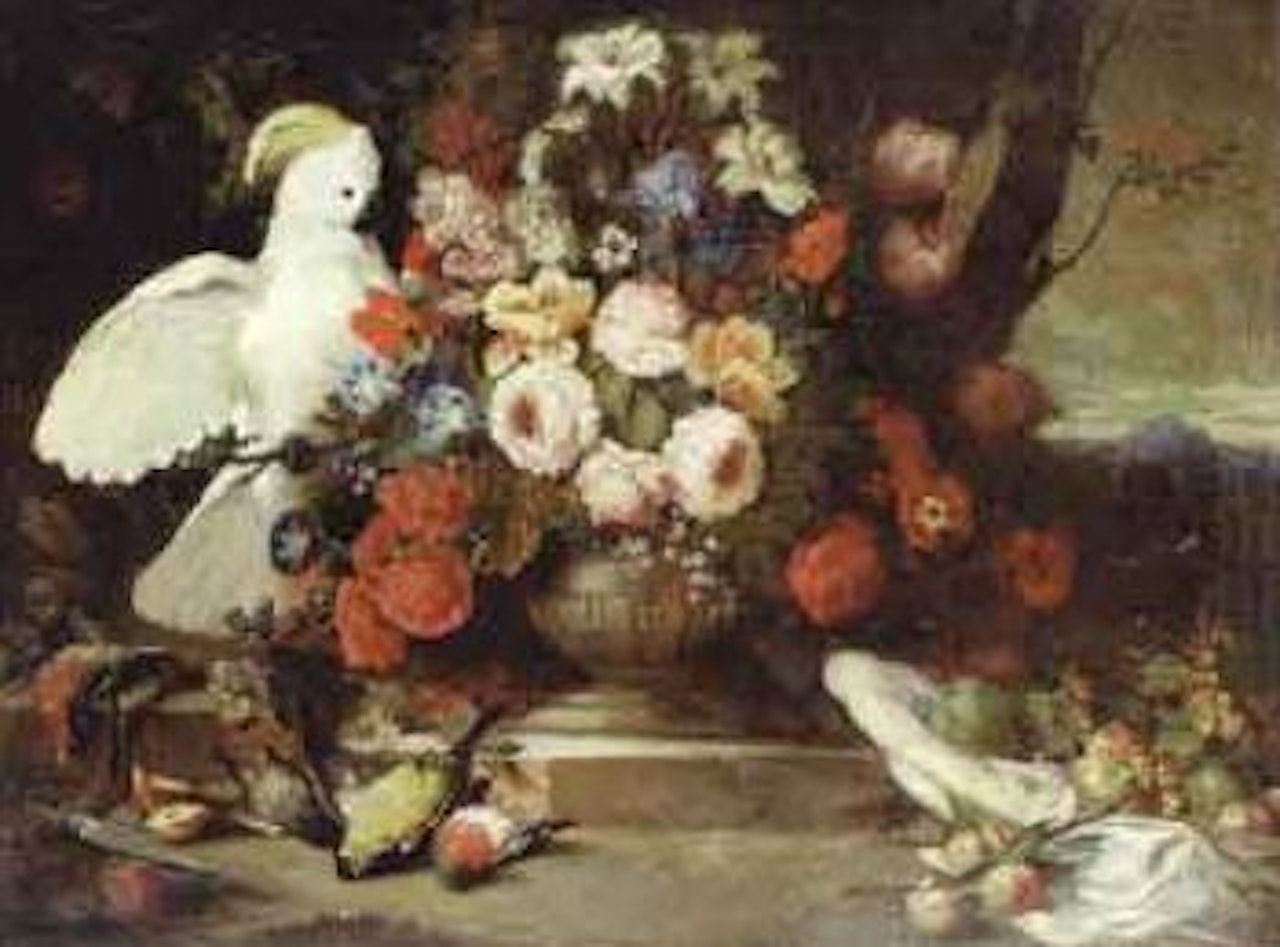 Opulent still life of flowers, fruit and birds by German School