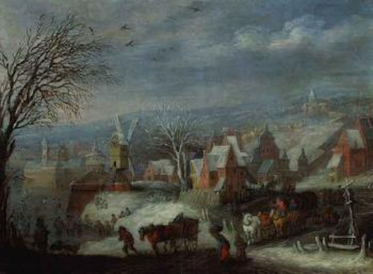 Winter landscape with travellers by a fortified town by Jan Brueghel by Joos de Momper the Younger
