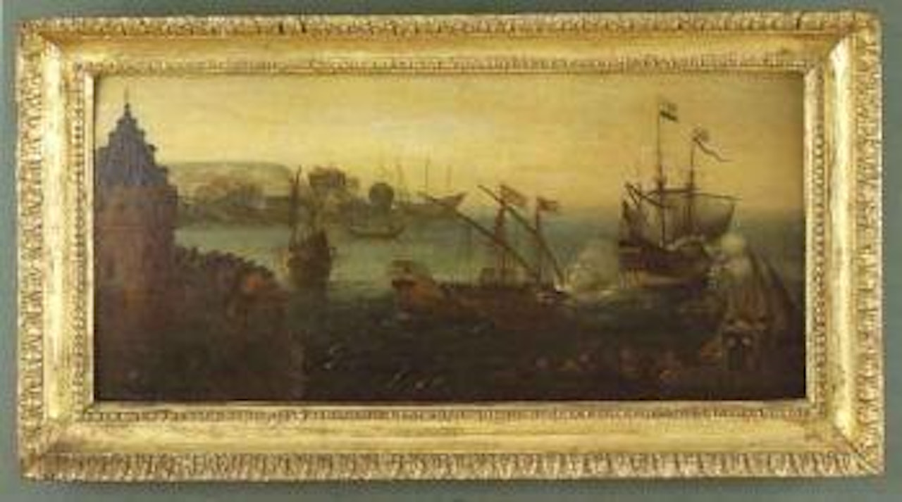 Antwerp harbour battle scene by Flemish School