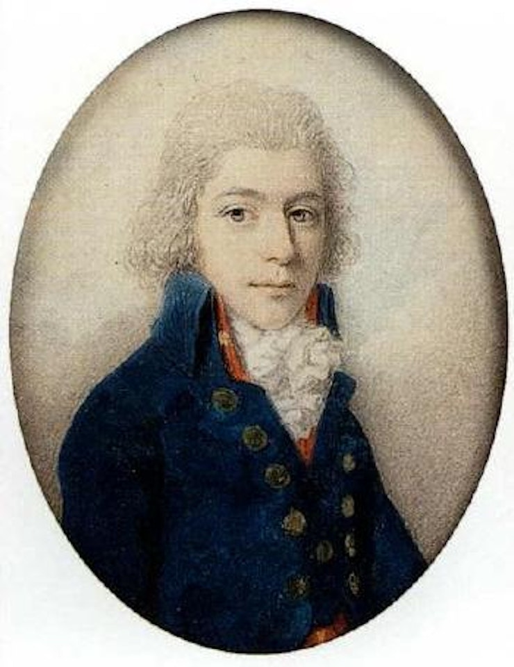 Clive Thomas, wearing blue coat with gold buttons and waistcoat by Richard Cosway