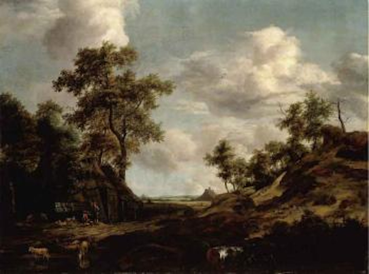 Extensive wooded landscape with shepherd and his flock by an old barn by Jacob Salomonsz. van Ruysdael