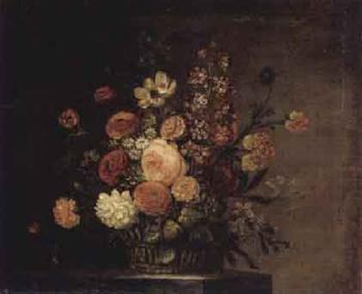 Roses, tulips, carnations and other flowers in a basket on a ledge by Jean Baptiste Monnoyer