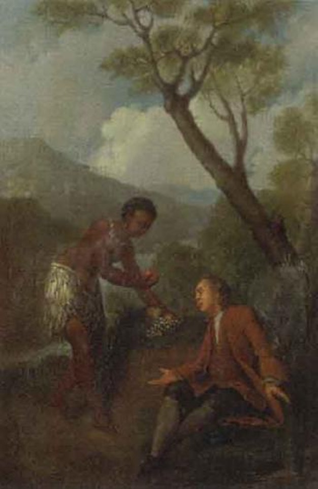Moor servant offering fruit to a gentleman seated by a tree by Jean-Baptiste Oudry