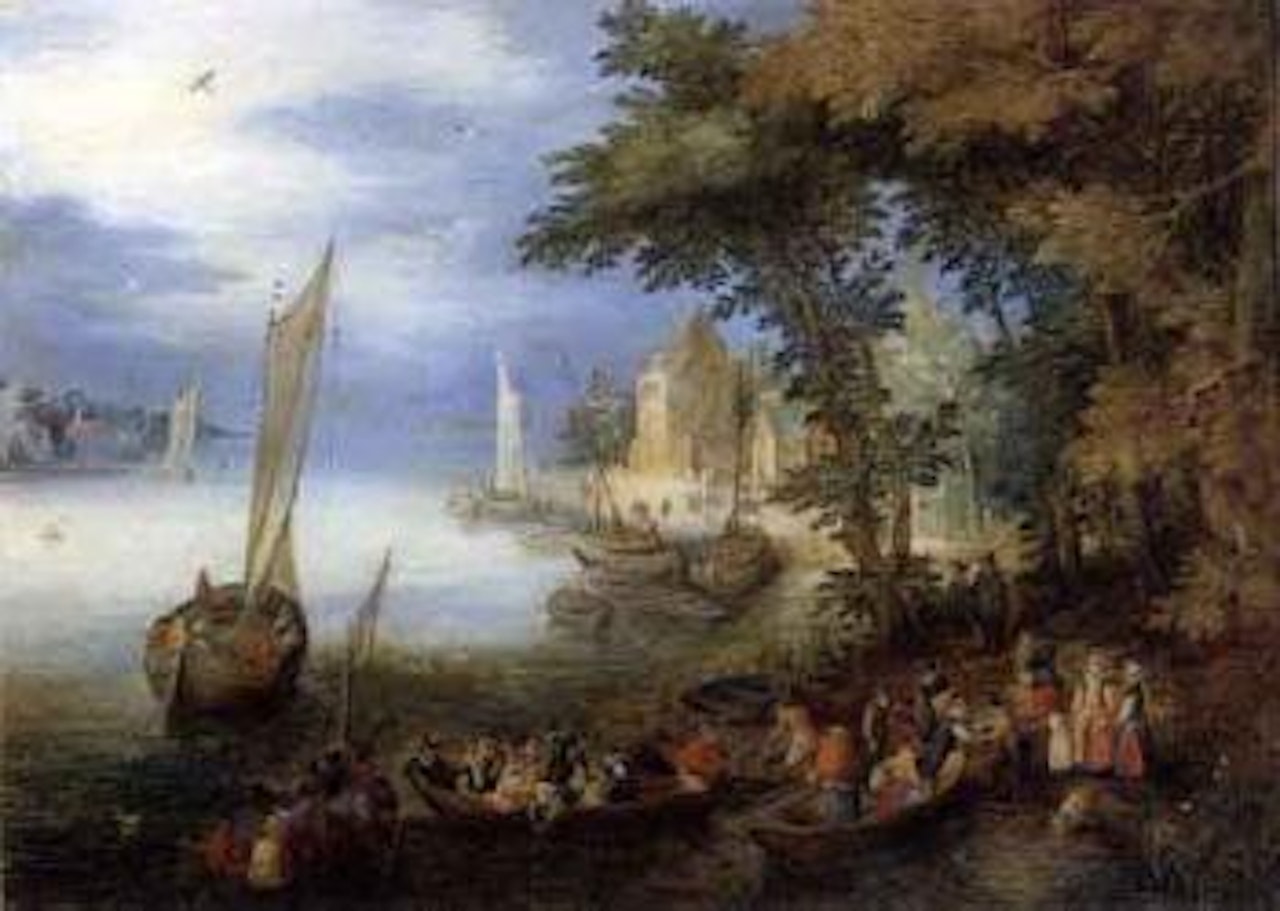 River landscape with ferry arriving near a landingstage, vessel nearby by Jan Brueghel the Younger