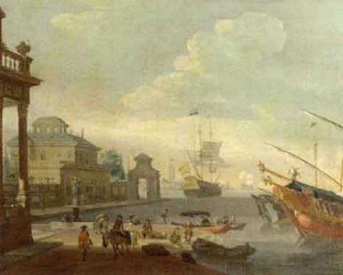 Capriccio of a Mediterranean harbour with galleys and merchantman by Abraham Storck