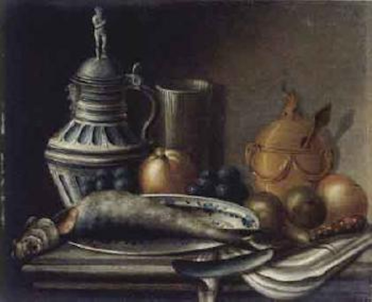 Herring on a plate, jug, fruit, beaker, sugar bowl and knife on a ledge by Jean-Baptiste Oudry