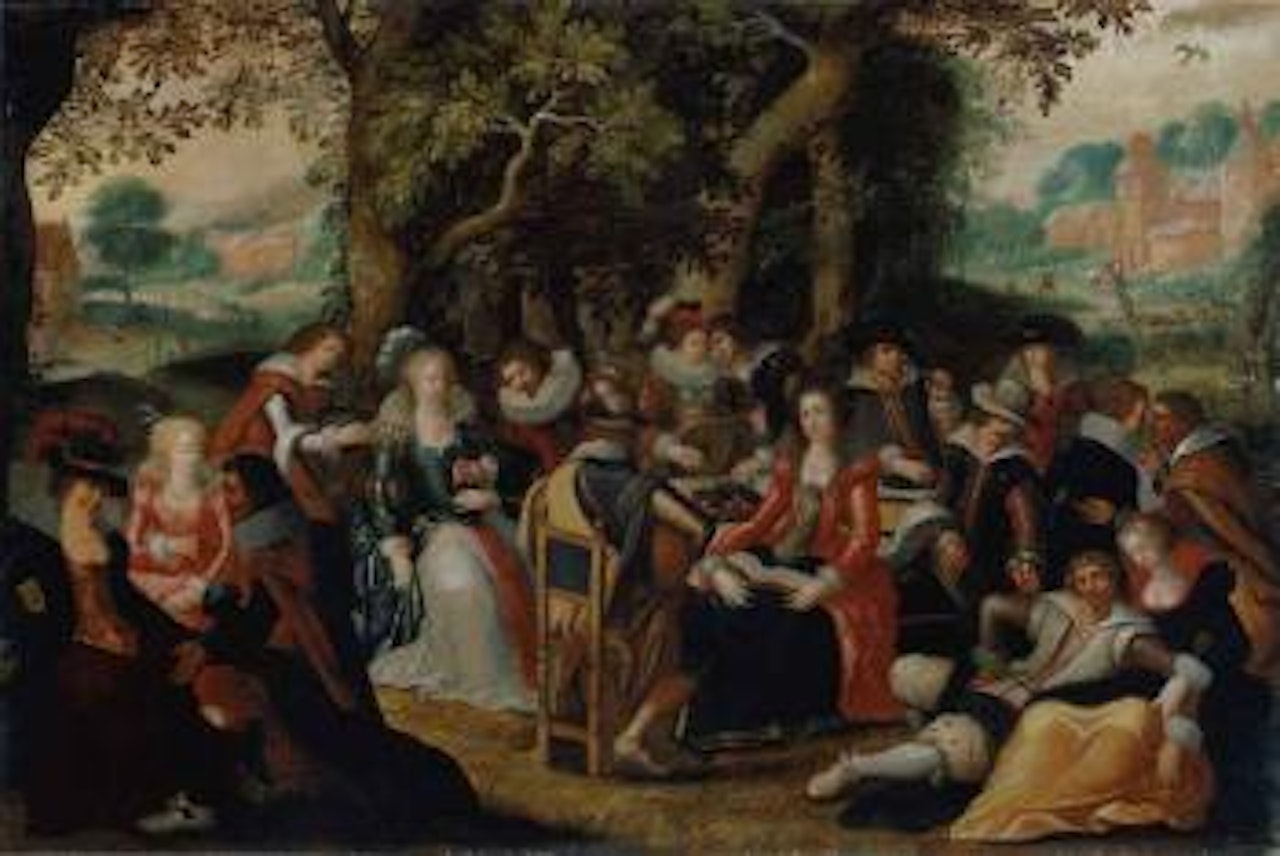 Elegant company feasting in a forest by Louis de Caullery by Abraham Govaerts