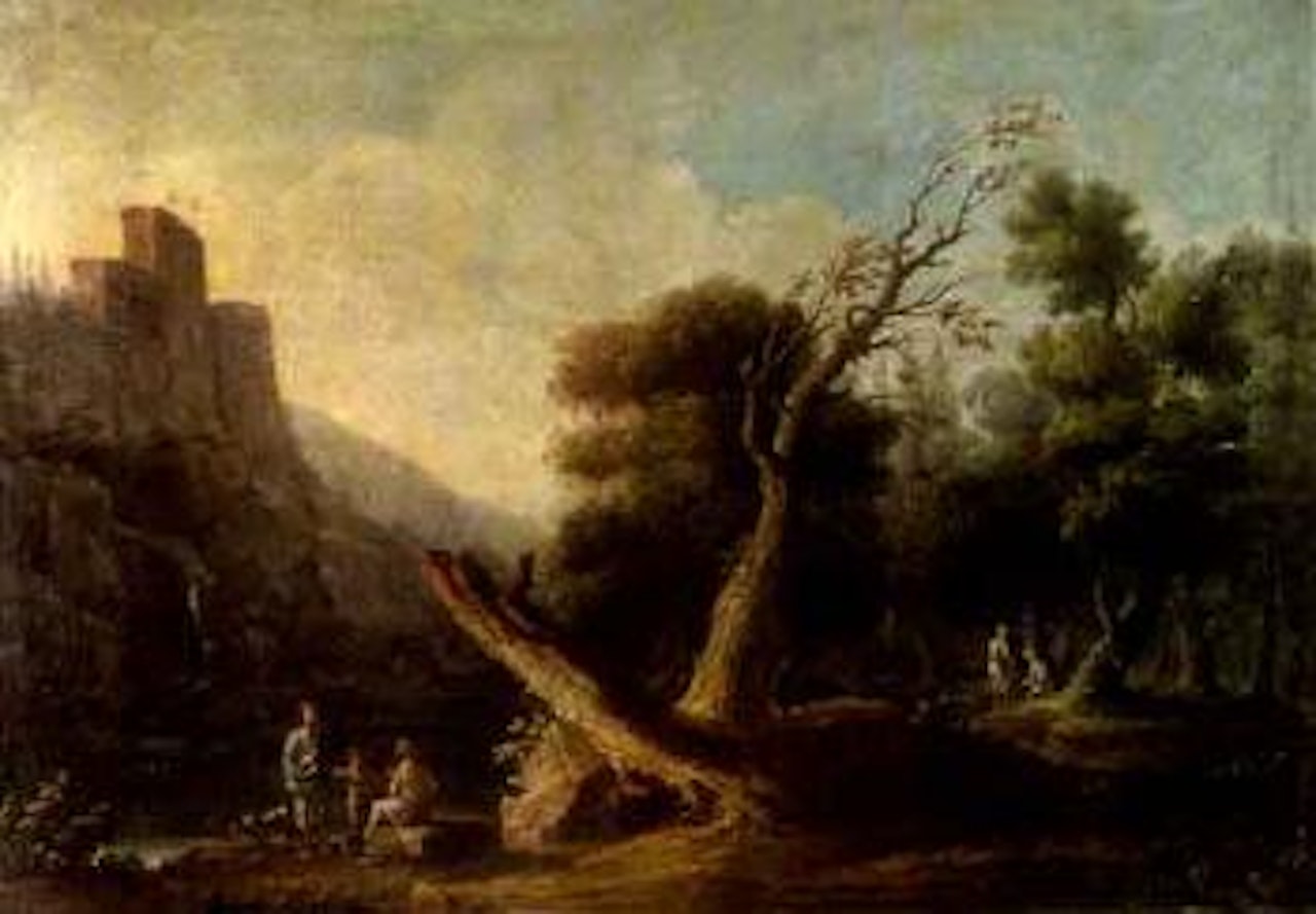 Landscape with fortress, waterfall and figures by French School