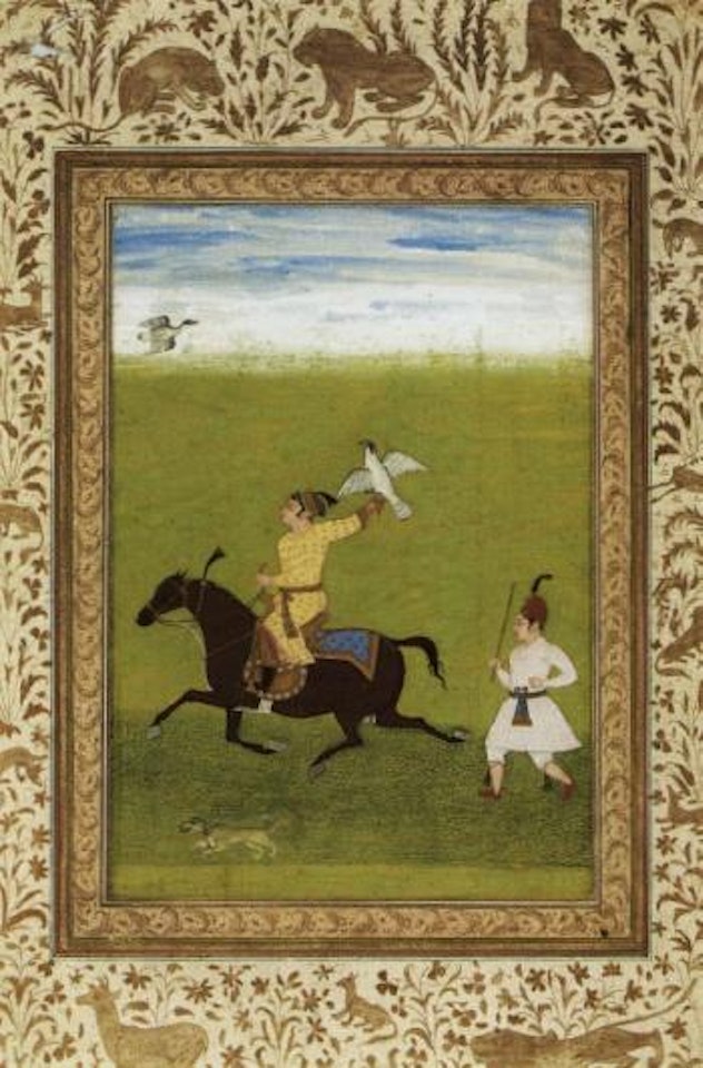 Prince out hawking with a man servant by Mughal School