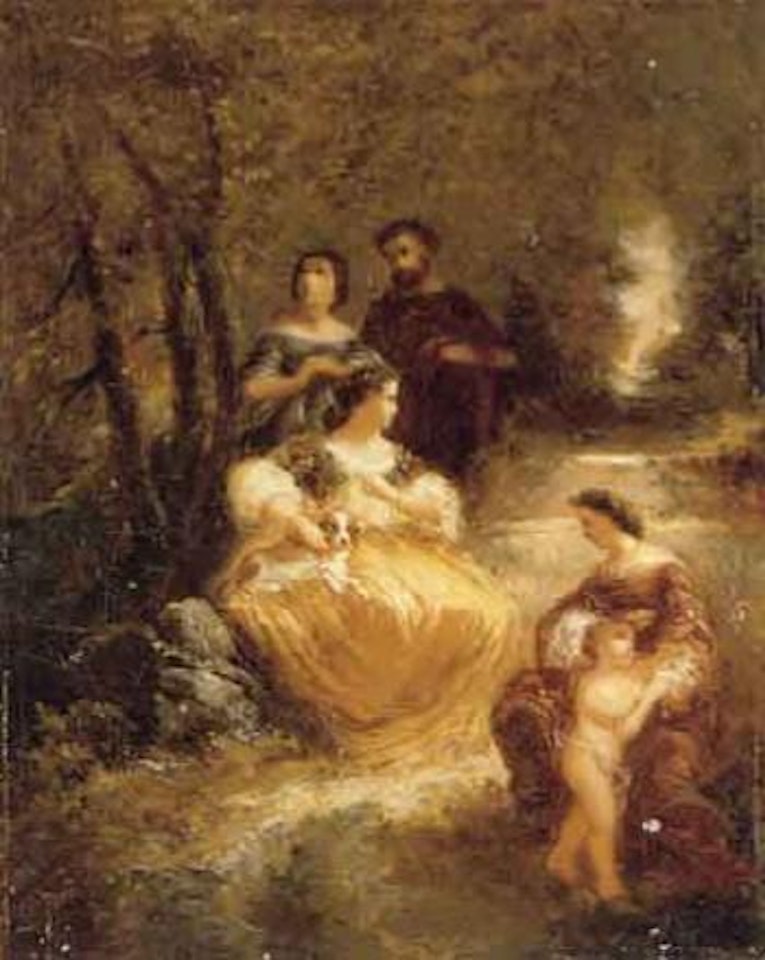 Figures by a stream in a woodland glen by Adolphe Monticelli