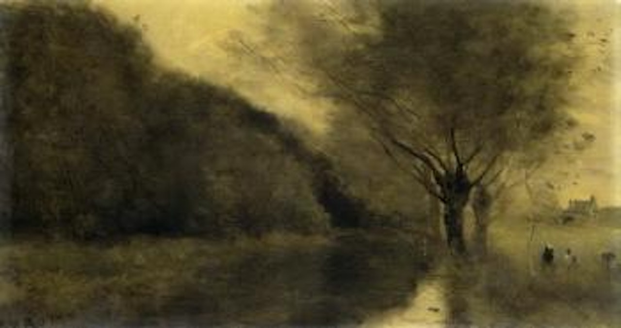 Pres Gisors, saulaie et riviere, effet du matin by Jean Baptiste Camille Corot