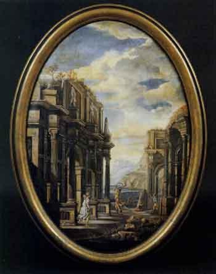 Capriccio with classical ruins. Capriccio with ruins and figures by Roman School