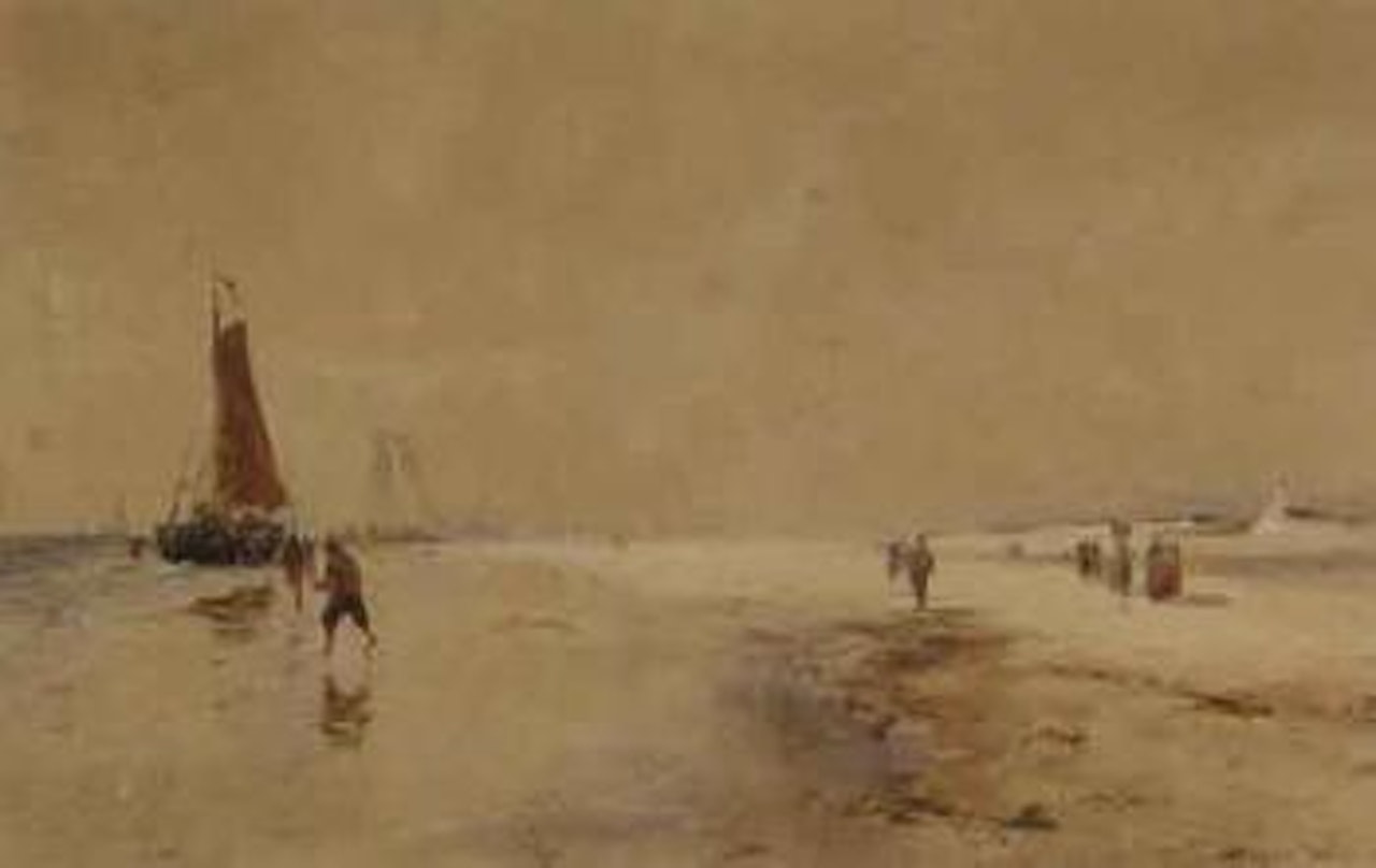 Busy shore with figures unloading the day's catch by Thomas Bush Hardy