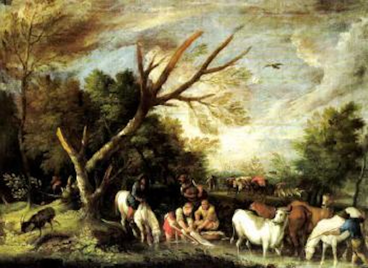 Wooded landscape with herders and herd by Italian School