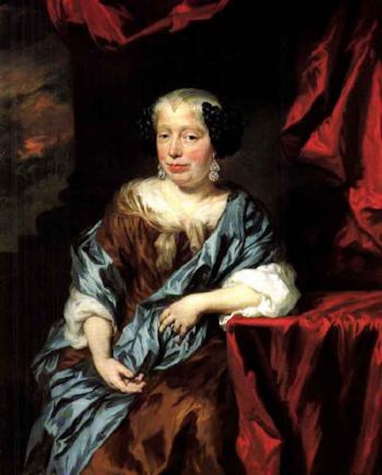 Portrait of a lady with a fine bonnet and diamond pendants by Nicolaes Maes