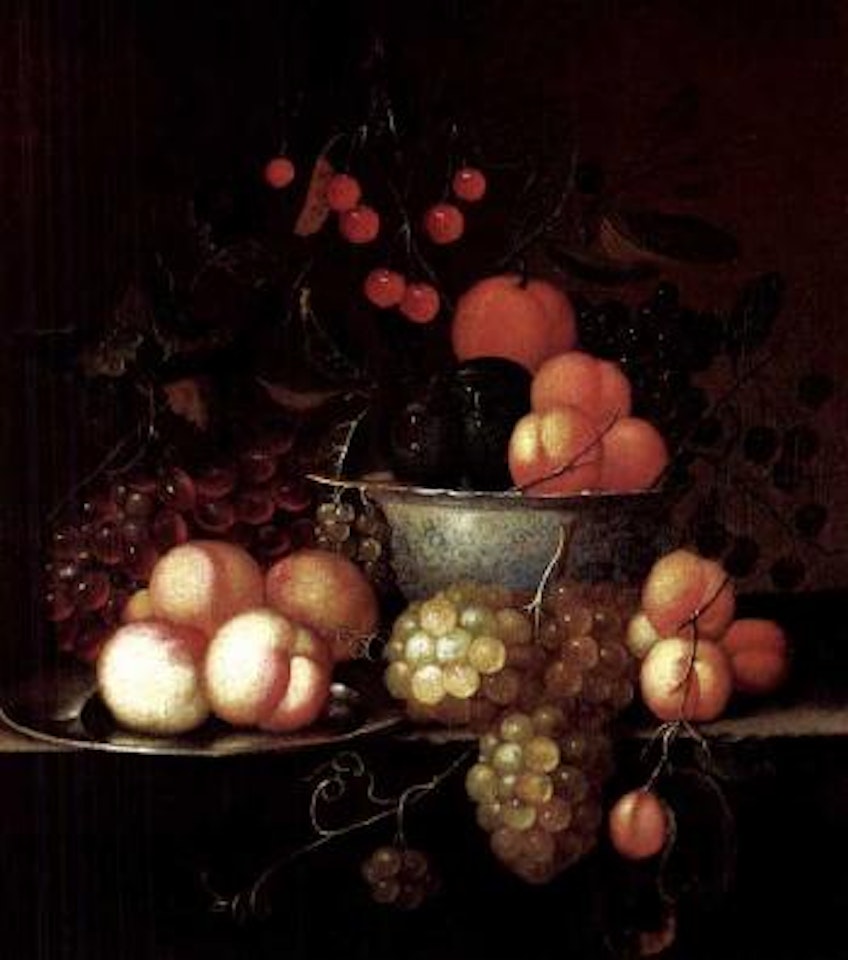 Still life with Ming dish, peaches, plums and grapes by Jan Pauwel Gillemans
