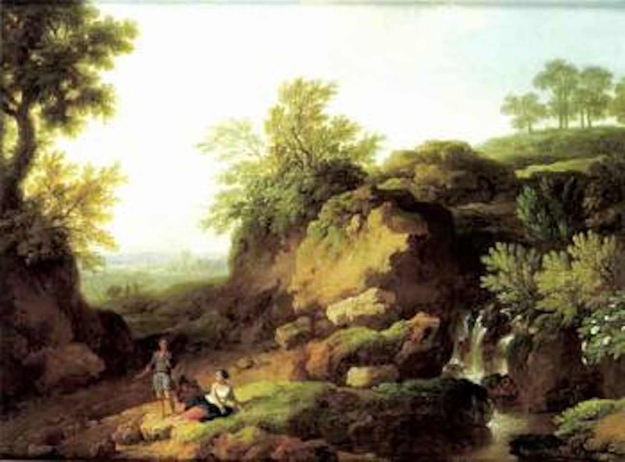 Italian landscape with people resting near a waterfall by Christian Wilhelm Ernst Dietrich