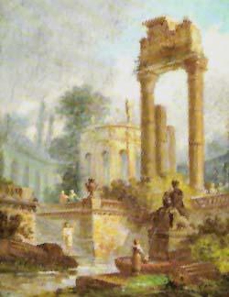 Fantasy architectural vista in a palace garden by Hubert Robert