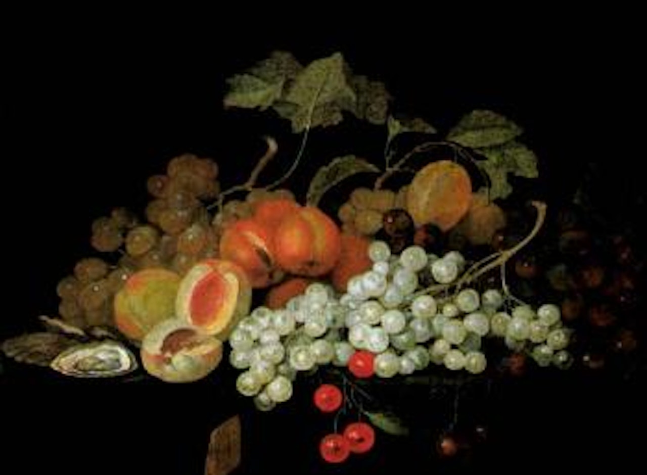 Still life with grapes, peaches and oysters by German School