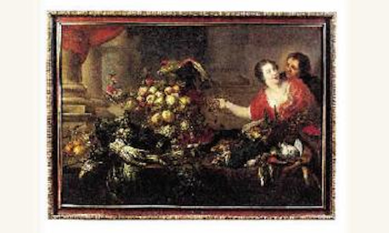 Couple pres d'une table garnie de legumes, fruits et gibiers by Adriaen van Utrecht
