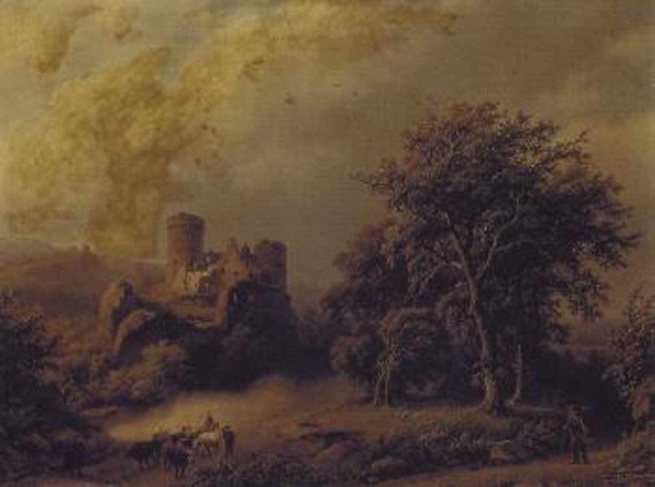 Figures and cattle on a path in wooded landscape with a castle beyond by Barend Cornelis Koekkoek