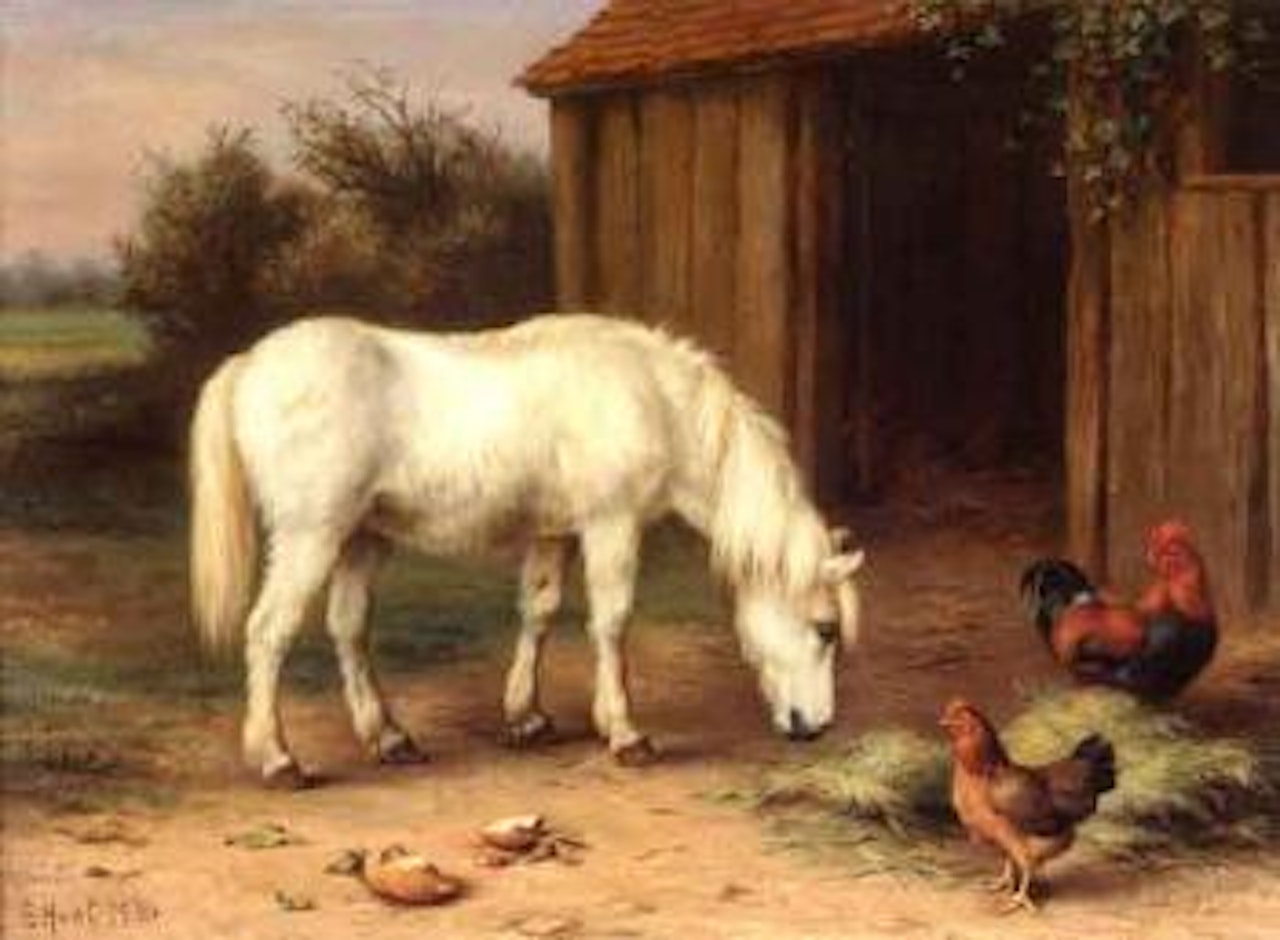 Pony and poultry before a barn by Edgar Hunt