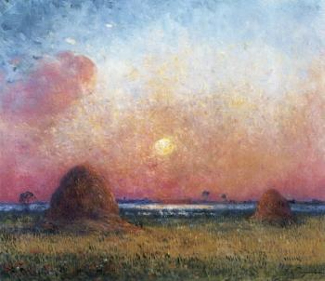 Bottes de ble au coucher du soleil by Ferdinand du Puigaudeau