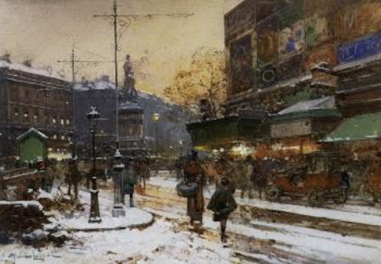 Place de Clichy in the snow, Paris by Eugene Galien-Laloue